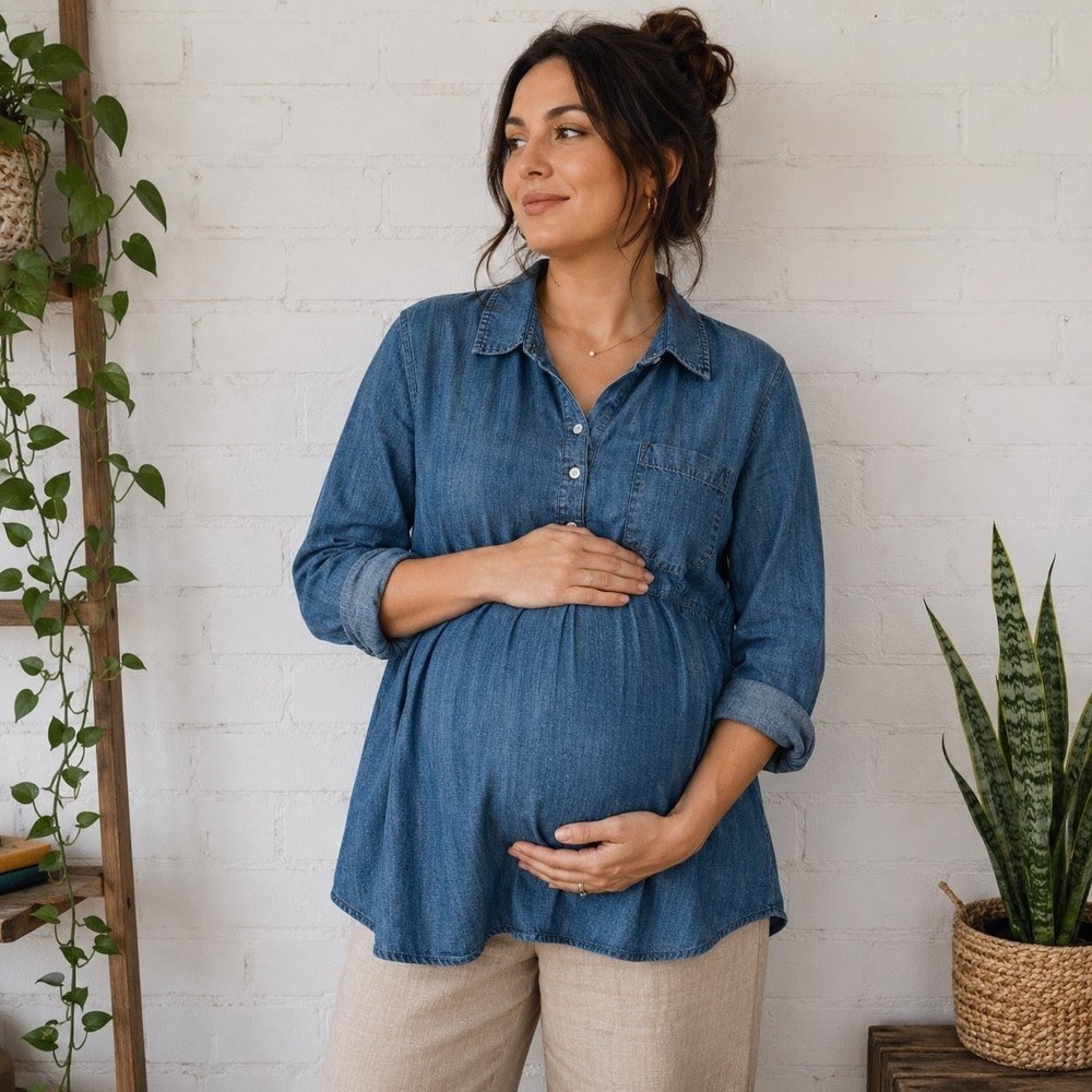 Old Navy Maternity Shirt Womens L Blue 100% Cotton Henley‎ Popover Top Western